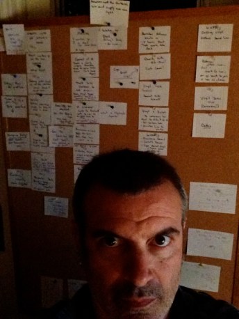 Alex Metcalf with index card outline for a TV pilot