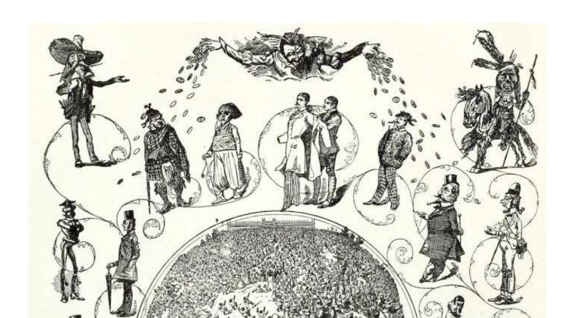 Dozens of figures represent various characters and scenarios. They hover around a textured, topographical globe, which is in the center of the image. At the bottom, a woman lies on a couch, perhaps dreaming all the people and the world.